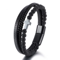 Bracciale multistrato da uomo in pelle nera con perline e ciondolo a croce in argento - Pietra Opaca + Croce Nera + Chiusura Nera