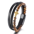 Bracciale multistrato da uomo con perle occhio di tigre, pelle nera e croce d'oro - Yellow Tiger Eye + Gold Cross + Black Clasp