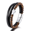 Bracciale multistrato da uomo in pelle con perline occhio di tigre e ciondolo a croce - Occhio di Tigre Giallo + Croce Bianca + Chiusura Bianca