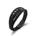 Men's multilayer braided leather bracelet with black metal rings and magnetic clasp - Black