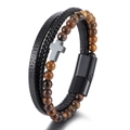 Bracciale multistrato da uomo con pietre occhio di tigre, cuoio intrecciato e croce nera - Occhio di Tigre Giallo + Croce Nera + Chiusura Nera