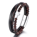 Bracciale multistrato da uomo con perle occhio di tigre rossa e ciondolo a croce argento - Occhio di Tigre Rosso Croce Bianca Chiusura Bianca