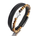 Bracciale multistrato in pelle da uomo con perle occhio di tigre e ciondolo a croce - Occhio di Tigre Giallo + Croce Bianca + Chiusura Nera