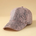 Detail of pink and black snake print faux leather baseball cap with six-panel construction - One Size / Purple