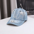 Berretto da baseball in denim azzurro da donna con stella di strass e fiori - Taglia unica / Azzurro