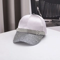 Detailed macro view of satin baseball cap with sequined brim and rhinestone buckle strap - Adjustable / Glossy-Gray
