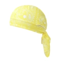Detailansicht eines gelben Durags mit Paisleymuster aus glänzendem Stoff und langen Bändern - Schneeflocke Gelb