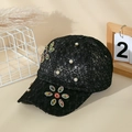 Berretto da baseball da donna in pizzo nero con eleganti decorazioni floreali in strass - Nero
