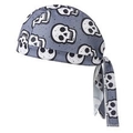 Detail of breathable grey headwrap with skull prints and adjustable rear tie straps - Dark Gray Skull