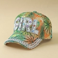 Cappellino tropicale con stampa a palme, scritta GIRL in perle e tesa con strass luccicanti - Taglia unica / Verde