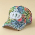 Gorra de béisbol floral para mujer con corona de diamantes de imitación y visera decorada - Morado