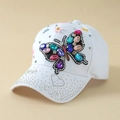 White baseball cap with colorful rhinestone butterfly and crystal Love lettering detail - White