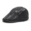 Close-up of side view of black denim beret hat with vintage distressed hole design - Dark Gray Distressed Denim (6#)