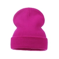 Close-up detail of rose pink ribbed knit beanie hat with elastic fold-over cuff design - Adult / Rose Red