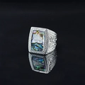 Anello chevalier vintage da uomo in argento con intarsio in abalone e incisioni floreali di lusso - US 8 / Color Acciaio