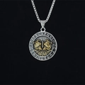 Vintage Viking dual wolf head pendant necklace with Nordic runes on a black background - Pendant + Matching Chain