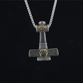 Collar martillo de Thor Mjölnir de acero vintage con símbolo Valknut dorado en fondo negro - Colgante Bicolor Oro y Plata con Cadena