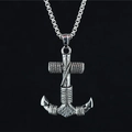 Retro stainless steel anchor pendant necklace with cross detail and box chain for men - Pendant + Matching Chain