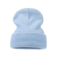 Detailed view of light blue knitted beanie featuring a classic ribbed texture and cuffed design - Adult / Light Blue