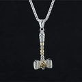 Collana con martello di Thor vintage con simbolo Valknut e dettagli dorati su catena box - Ciondolo Bicolore Oro e Argento con Catena
