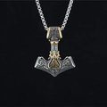 Collar colgante martillo Mjölnir vikingo vintage con símbolo Valknut dorado y cadena cuadrada - Colgante Bicolor Oro y Plata con Cadena