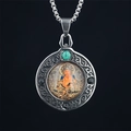 Religious Thangka pendant necklace with turquoise inlay and vintage metal scrollwork - Style B Yellow Wealth God Pendant Only (Without Chain) (5296361994002)