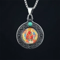 Tibetan style round Buddhist pendant with red deity motif and turquoise bead details - Red Wealth God Pendant Only (Without Chain) (5296361994014)