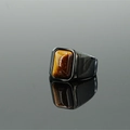 Vintage herenring met tijgeroog steen en zwarte zegel van roestvrij staal metaal - US 7 / Zwart