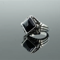 Vintage stainless steel ring featuring a square blue sandstone inlay with side carvings - US 7 / Blue Sandstone Style