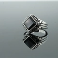 Vintage stainless steel ring for men featuring a square black onyx stone and engraved details - US 7 / Black Rhinestone Style