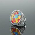 Men's turquoise ring in silver steel featuring a colorful mosaic oval stone and floral carvings - Size 10 / Silver Tone Red Yellow and Blue Mosaic Stone