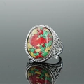 Vintage stainless steel ring with colorful oval turquoise stone and engraved details - Size 9 / Silver Tone Red Green Yellow and Black Mosaic Stone