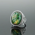 Retro stainless steel ring with colorful oval stone and vintage hollow pattern design - Size 8 / Silver Tone Multicolor Stone