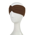 Close-up of brown knitted waffle texture headband with knot detail on model head - Brown