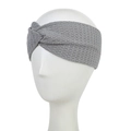 Detail of grey knitted twist headband showing waffle texture on a white model head - Gray