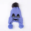Blue kids knit hat with cat ears and three fluffy pom poms for winter warmth - One Size / Blue