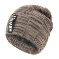 Brown thick knitted beanie for women with warm fleece lining and stylish HSWBOY label - One Size / Coffee