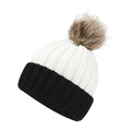 Damen-Strickmütze im Schwarz-Weiß-Farbblock-Design mit einem braunen Bommel für den Winter - Kindergröße / Weiß Farblock