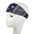 Detail of navy blue paisley elastic headband with bohemian print on a mannequin head - Navy Blue