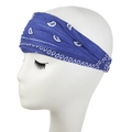 Detailed view of a dark blue paisley elastic headband worn on a model head stand - Sapphire Blue