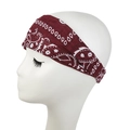 Detail of burgundy paisley print wide elastic headband on a white model head - Burgundy