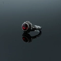 Vintage oxidized silver ring with round red gemstone and textured bark finish band - Red Gemstone Ring