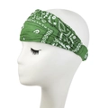 Close-up of green paisley elastic headband on a model head for yoga and sports - Grass Green