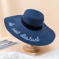 Navy blue wide brim straw sun hat with do not disturb embroidery and black ribbon band - One Size / Navy Blue