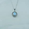 Silver oval opal necklace with Greek key pattern and cubic zirconia halo - Greek Key Style (D) / Pendant with Necklace / Blue