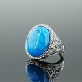Vintage stainless steel ring with oval turquoise stone and intricate carved details - Size 8 / Silver Tone Artificial Turquoise