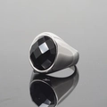 Polished silver stainless steel ring featuring a large round black multifaceted gemstone - US 7 / Steel Base Black Faceted Stone