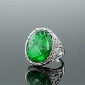 Vintage stainless steel ring with large oval green turquoise stone and carved band - Size 8 / Silver Tone Green Gemstone