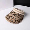 Detailed macro shot of leopard print straw sun visor with elastic beige woven band - One Size / Khaki
