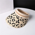 Detail of leopard print straw sun visor with elastic band and wide brim for summer - One Size / Beige